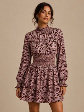 Animal Inspired Print Smocked Waist Long Blouson Sleeve Flowy Mini Dress